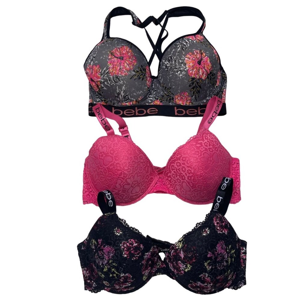 Bebe 1XL Floral Pink Black Gray Bra Lace Adjustable Strap Push Up Lined Lot of 3